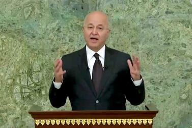 Iraqi President Barham Salih speaks in a recorded message played during the 75th session of the UN General Assembly on September 23 last year. AP