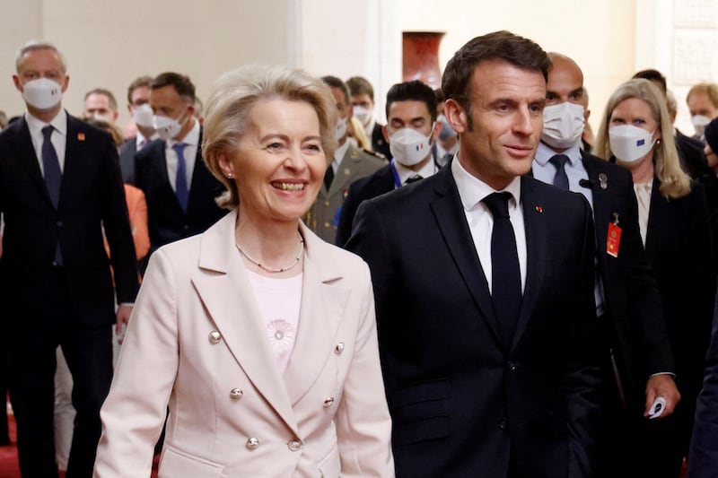 French President Emmanuel Macron and European Commission President Ursula von de Leyen in Beijing. Reuters