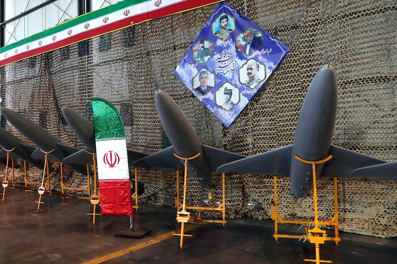 Iranian-made unmanned aerial vehicles on display during a ceremony in Tehran. EPA / Iranian Ministry of Defence