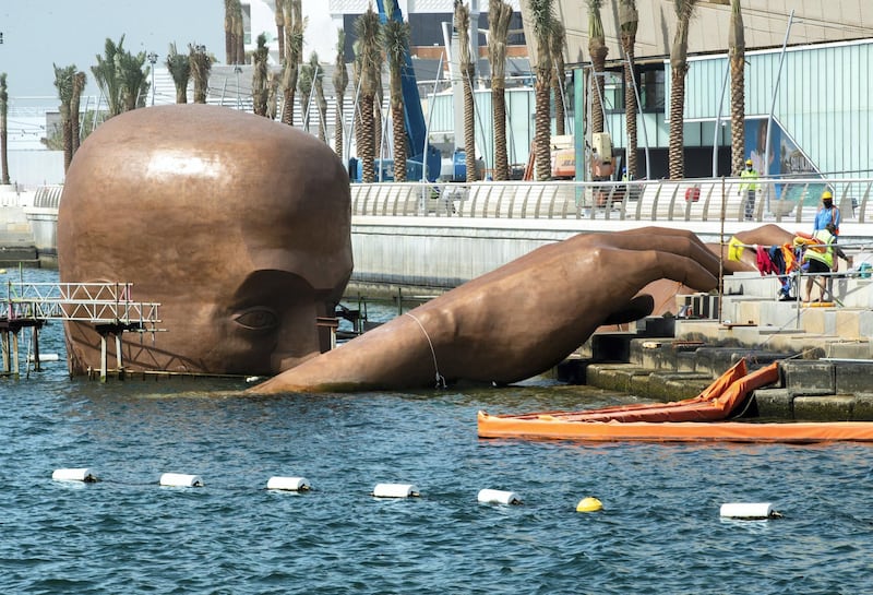Abu Dhabi, United Arab Emirates, March 2, 2021.  Large sculpture coming out of the water at Etihad Arena.
Victor Besa / The National
Section:  NA
Reporter:  Gillian Duncan