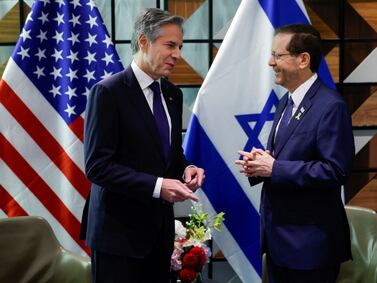 U. S.  Secretary of State Antony Blinken meets with Israeli President Isaac Herzog in Tel Aviv, Israel, May 1, 2024.  REUTERS / Evelyn Hockstein / Pool