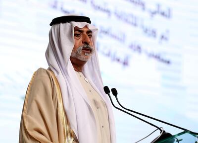 Abu Dhabi, United Arab Emirates - February 03, 2019: Sheikh Nahyan bin Mubarak Al Nahyan, Minister of Tolerance speaks at the first session at the Global Conference of Human Fraternity. Sunday the 3rd of February 2019 at Emirates Palace, Abu Dhabi. Chris Whiteoak / The National