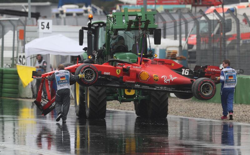 Charles Leclerc's damaged Ferrari after he crashed. AP Photo