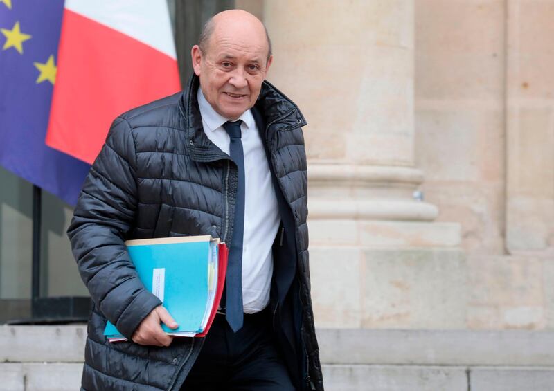French Foreign Affairs Minister Jean-Yves Le Drian departs after the weekly cabinet meeting at The Elysee Palace in Paris on February 20, 2019.  / AFP / LUDOVIC MARIN
