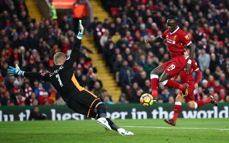 LIVERPOOL, ENGLAND - DECEMBER 30: Sadio Mane of Liverpool shoots during the Premier League match between Liverpool and Leicester City at Anfield on December 30, 2017 in Liverpool, England.  (Photo by Clive Brunskill/Getty Images)