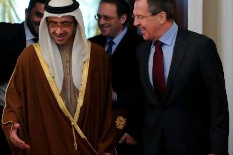Sheikh Abdullah bin Zayed Al Nahayan, the UAE minister of foreign affairs, speaks with his Russian counterpart, Sergei Lavrov, in Moscow on Monday.