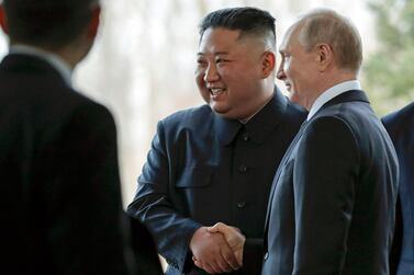 Russian President Vladimir Putin, right, and North Korea's leader Kim Jong Un shake hands during a meeting in Vladivostok, Russia, earlier this year. AP