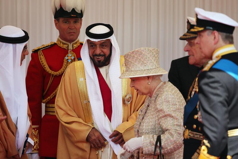 WINDSOR, ENGLAND - APRIL 30:  The President of the United Arab Emirates, His Highness Sheikh Khalifa bin Zayed Al Nahyan is greeted by Queen Elizabeth II and Prince Philip, the Duke of Edinburgh on the Royal Dais on April 30, 2013 in Windsor, England. President Sheikh Khalifa begins a State visit to the UK today, the first for a UEA President in 24 years. Sheikh Khalifa will meet the British Prime Minister David Cameron tomorrow at his Downing Street residence.  (Photo by Dan Kitwood/Getty Images) *** Local Caption ***  167794355.jpg