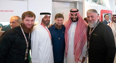 Saudi Crown Prince Mohammed bin Salman and Sheikh Mohamed bin Zayed, Crown Prince of Abu Dhabi and Deputy Supreme Commander of the Armed Forces, pictured with Chechen President, Ramzan Kadyrov (centre) and other guests at the Abu Dhabi Grand Prix.