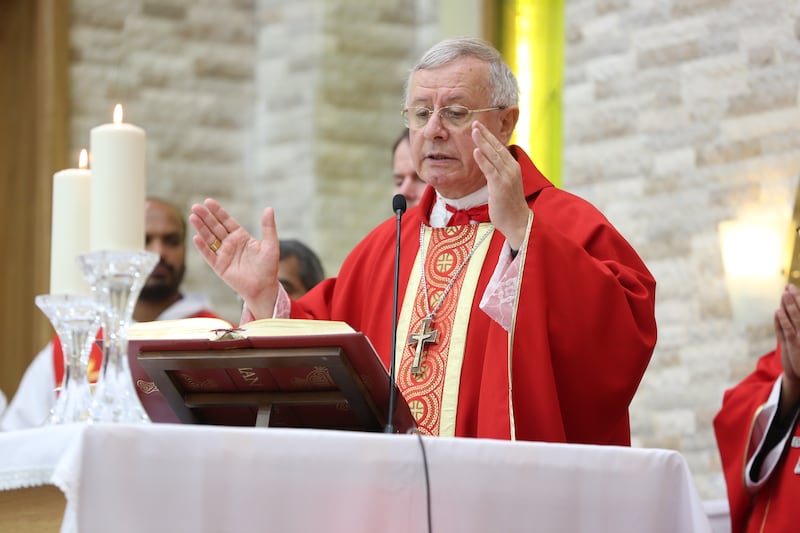 Bishop Paul Hinder performing mass in Abu Dhabi. 