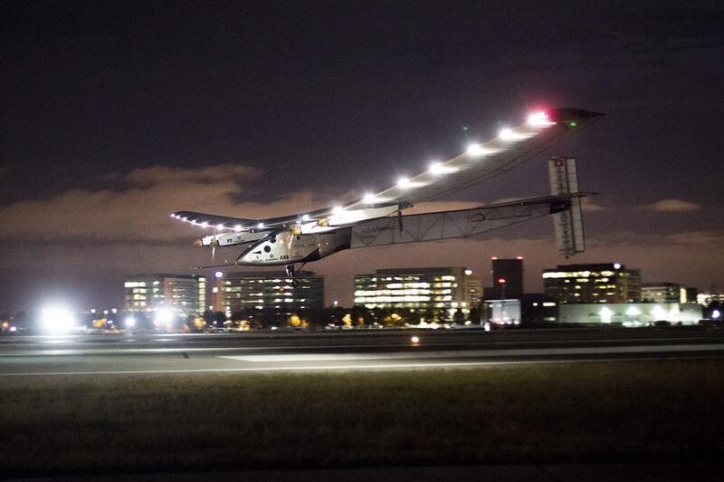 'Solar Impulse 2' lands at Mountain View, California after leaving Hawaii more than 62 hours earlier on April 21, 2016.