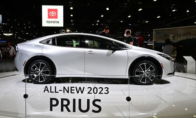 The new Toyota Prius on display at the 2022 Los Angeles Auto Show.  AFP