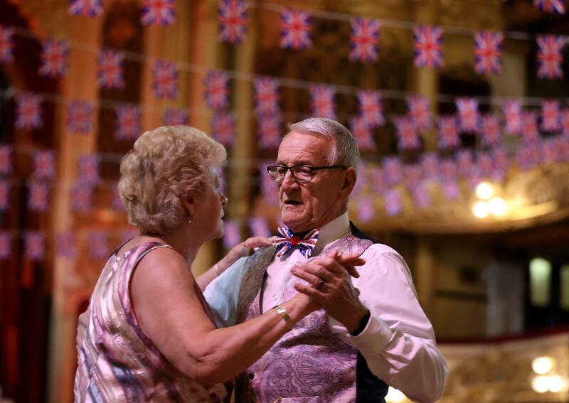 People dance at Blackpool Tower Ballroom during the platinum jubilee celebrations. Reuters