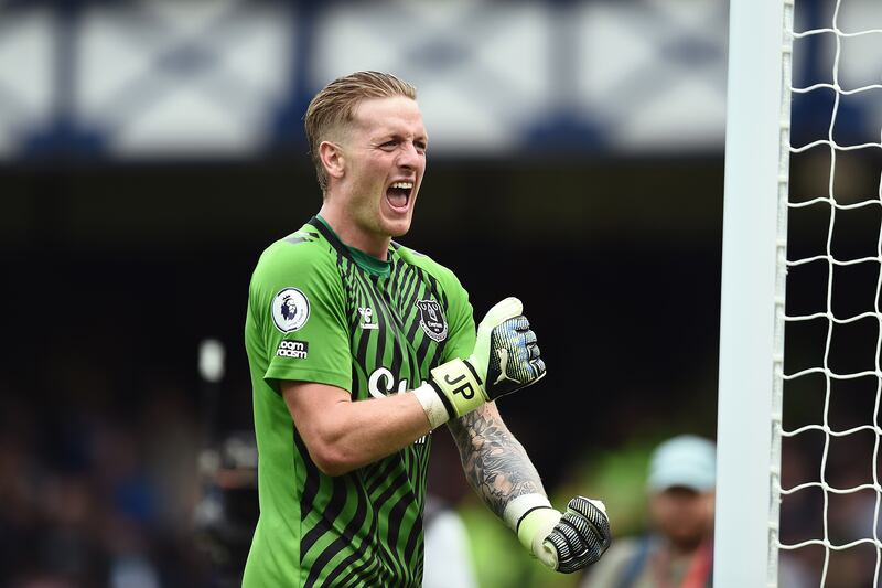 Everton goalkeeper Jordan Pickford celebrates after the English Premier League soccer match between Everton FC and Liverpool FC in Liverpool, Britain, 03 September 2022.   EPA/PETER POWELL EDITORIAL USE ONLY.  No use with unauthorized audio, video, data, fixture lists, club/league logos or 'live' services.  Online in-match use limited to 120 images, no video emulation.  No use in betting, games or single club / league / player publications