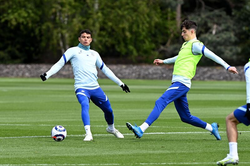 COBHAM, ENGLAND - APRIL 30:  Thiago Silva and Kai Havertz of Chelsea during a training session at Chelsea Training Ground on April 30, 2021 in Cobham, England. (Photo by Darren Walsh/Chelsea FC via Getty Images)