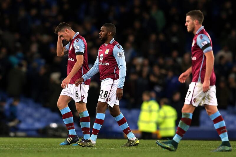 LIVERPOOL, ENGLAND - NOVEMBER 21: (L to R) Ciaran Clark, Charles N'Zogbia and Jordan Veretout of Aston Villa leave the pitch after his team's 0-4 defeat in the Barclays Premier League match between Everton and Aston Villa at Goodison Park on November 21, 2015 in Liverpool, England.  (Photo by Nigel Roddis/Getty Images)