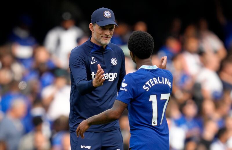  Thomas Tuchel, left, with Chelsea's Raheem Sterling at Stamford Bridge. AP