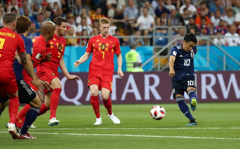 Soccer Football - World Cup - Round of 16 - Belgium vs Japan - Rostov Arena, Rostov-on-Don, Russia - July 2, 2018  Japan's Shinji Kagawa shoots at goal    REUTERS/Sergio Perez