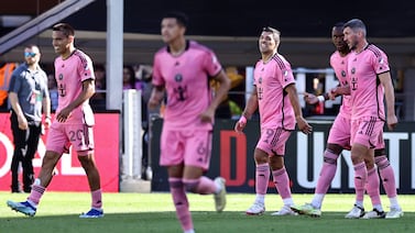 WASHINGTON, DC - MARCH 16: Luis Suarez #9 of Inter Miami celebrates after scoring his second goal of the game against D. C.  United during the second half at Audi Field on March 16, 2024 in Washington, DC.    Tim Nwachukwu / Getty Images / AFP (Photo by Tim Nwachukwu  /  GETTY IMAGES NORTH AMERICA  /  Getty Images via AFP)