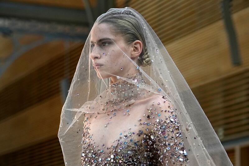 A closer look at the intricate beadwork that is a signature of Elie Saab haute couture. Getty