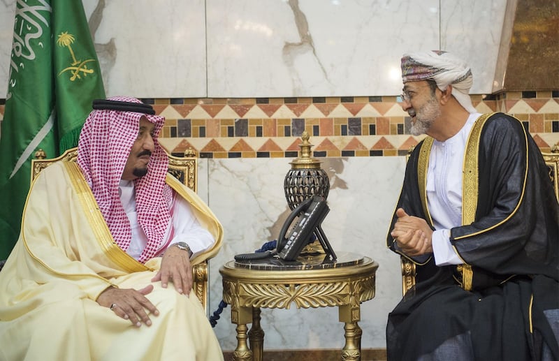 RIYADH, SAUDI ARABIA - NOVEMBER 13: Saudi Arabia's King Salman Bin Abdulaziz (L) meets Minister of Heritage and Culture in the Sultanate of Oman Haitham bin Tariq Al Said (R) to receive condolences after one of his brothers Saudi Prince Turki bin Abdulaziz Al Saud passed away, in Riyadh, Saudi Arabia on November 13, 2016. (Photo by Pool / Bandar Algaloud/Anadolu Agency/Getty Images)