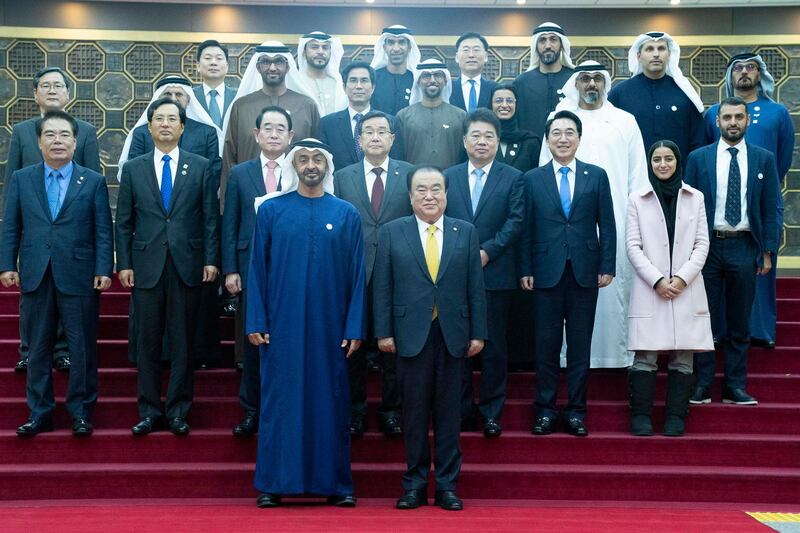SEOUL, REPUBLIC OF KOREA (SOUTH KOREA)  - February 26, 2019: HH Sheikh Mohamed bin Zayed Al Nahyan, Crown Prince of Abu Dhabi and Deputy Supreme Commander of the UAE Armed Forces (front L), stands for a photograph with HE Moon Hee-sang, Speaker of the National Assembly (front row R), after a meeting at the National Assembly Building of the Republic of Korea (South Korea). Seen with HH Sheikha Hassa bint Mohamed bin Hamad bin Tahnoon Al Nahyan, HH Major General Sheikh Khaled bin Mohamed bin Zayed Al Nahyan, Deputy National Security Adviser, HE Noura Mohamed Al Kaabi, UAE Minister of Culture and Knowledge Development, HE Suhail bin Mohamed Faraj Faris Al Mazrouei, UAE Minister of Energy, HE Dr Sultan Ahmed Al Jaber, UAE Minister of State, Chairman of Masdar and CEO of ADNOC Group, HE Dr Anwar bin Mohamed Gargash, UAE Minister of State for Foreign Affairs, HE Hussain Ibrahim Al Hammadi, UAE Minister of Education, HE Mohamed Mubarak Al Mazrouei, Undersecretary of the Crown Prince Court of Abu Dhabi, HE Dr Thani Al Zeyoudi UAE Minister for Climate Change and Environment and HE Abdullah Saif Al Nuaimi, Ambassador of the UAE to South Korea. 

( Hamad Al Mansoori / Ministry of Presidential Affairs )
---