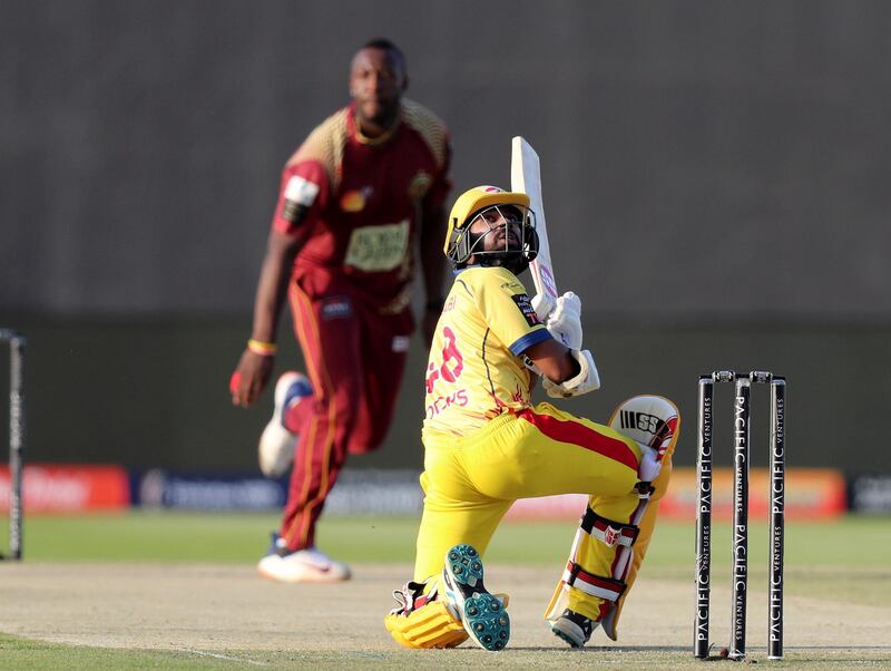 Abu Dhabi, United Arab Emirates - November 17, 2019: Abu Dhabi's Niroshan Dickwella plays a ramp shot during the game between Team Abu Dhabi and The Northern Warriors in the Abu Dhabi T10 league. Sunday the 17th of November 2019. Zayed Cricket Stadium, Abu Dhabi. Chris Whiteoak / The National