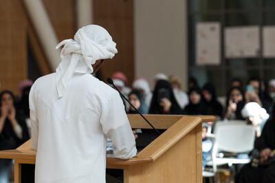 Abu Dhabi, United Arab Emirates. December 26, 2013///

Students saying their final speeches. Tech Quest Expo - students explaining the 6 modules to anyone who visits what they learned and did during that module. Last day of Tech Quest which is a youth engagement initiative designed to recruit, inspire and develop the UAEÕs best national talent, creating the science and technology pioneers of tomorrow. Masdar Institute, Abu Dhabi, United Arab Emirates. Mona Al-Marzooqi/ The National 

Reporter: Ayesha Al Khoori
Section: National 
 *** Local Caption ***  131226-MM-Techquest-007.JPG