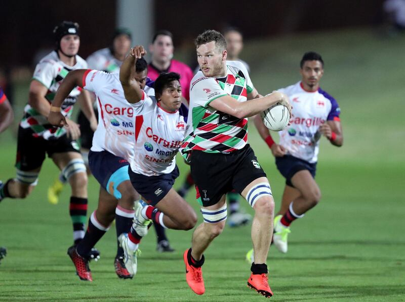 Abu Dhabi, United Arab Emirates - September 07, 2018: Quins' Mike Pugliese competes in the game between Abu Dhabi Harlequins v Kandy in the Western Clubs Champions League. Friday, September 7th, 2018 at Zayed Sports City, Abu Dhabi. Chris Whiteoak / The National