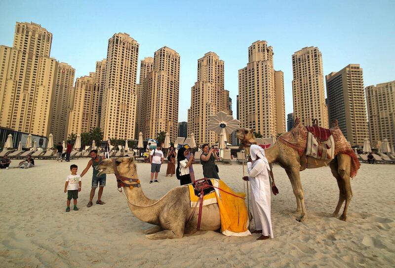Tourists take photos with camels on the beach at Jumeirah Beach Residence in Dubai. New data shows the emirate is on track for another standout performance in tourism this year. Reuters