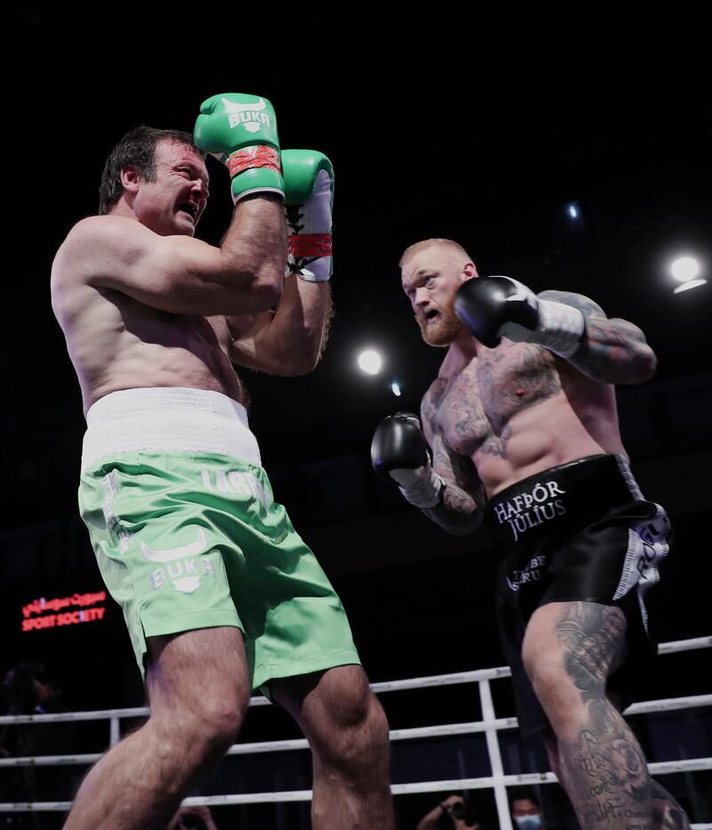 Hafthor Bjornsson fights Devon Larratt during the Core Sports Fight Night. EPA