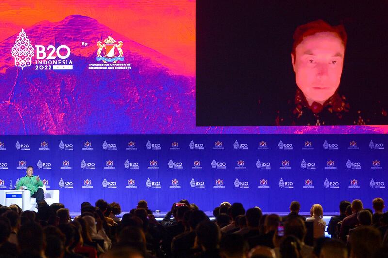 Mr Musk appears online at the B20 Summit as part of the G20 dialogue in Nusa Dua, Bali, on November 14.  AFP