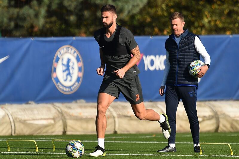 Chelsea striker Olivier Giroud attends a training session at Chelsea's Cobham training facility in London. AFP