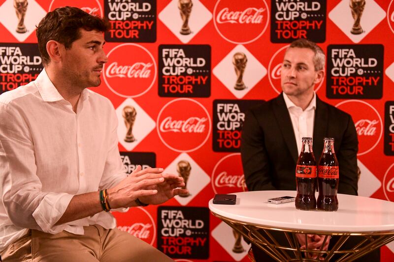 Iker Casillas, the former Real Madrid and Spain goalkeeper, speaks during the Fifa World Cup Trophy Tour at Coca Cola Arena, Dubai. 