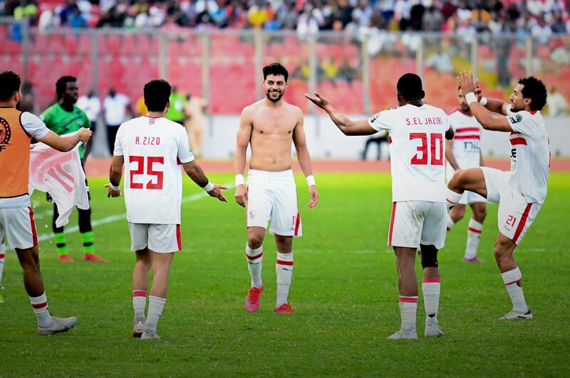 Mostafa Shalaby is surrounded by Zamalek teammates after scoring to make it 3-0.