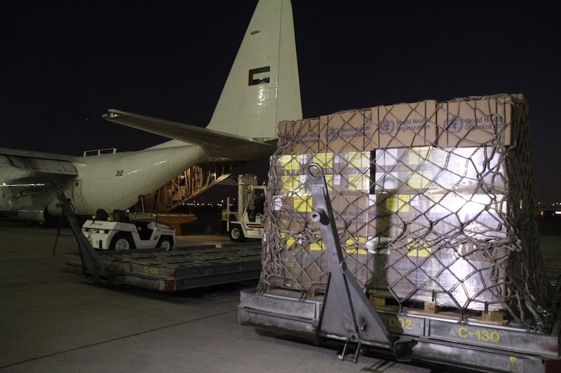 A aeroplane carrying supplies left from International Humanitarian City in Dubai early on Wednesday. Photo: Dubai Media Office