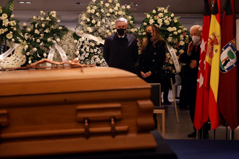 Real Madrid's head coach Carlo Ancelotti and his wife, Mariann Barrena, pay their respects in front of Paco Gento's funeral chapel held at Santiago Bernabeu stadium's royal box, in Madrid, central Spain, 22 January 2022. EPA