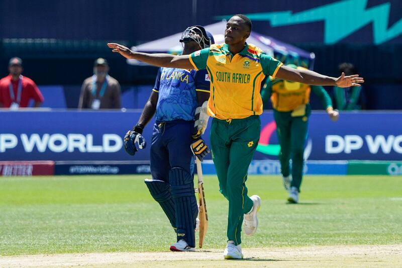South Africa's Kagiso Rabada celebrates after bowling Sri Lanka batter Dasun Shanaka. AFP