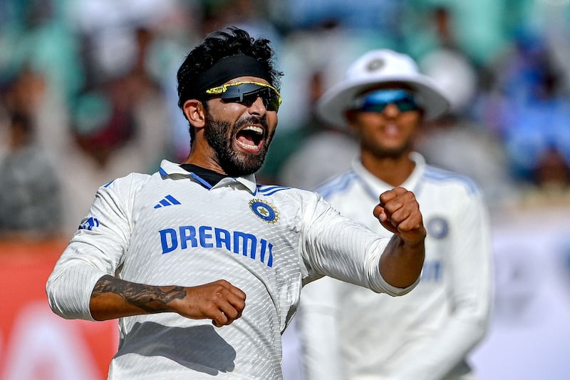 India's Ravindra Jadeja celebrates after taking the wicket of England batter Joe Root. The all-rounder finished with figures of 5-41. AFP
