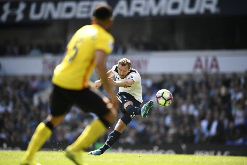 Tottenham's Harry Kane hits the crossbar from a free-kick. Dylan Martinez / Reuters