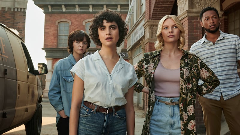 From left, Elsie Fisher, Sarah Yarkin, Nell Hudson and Jacob Latimore in the new Netflix film 'Texas Chainsaw Massacre'. AP