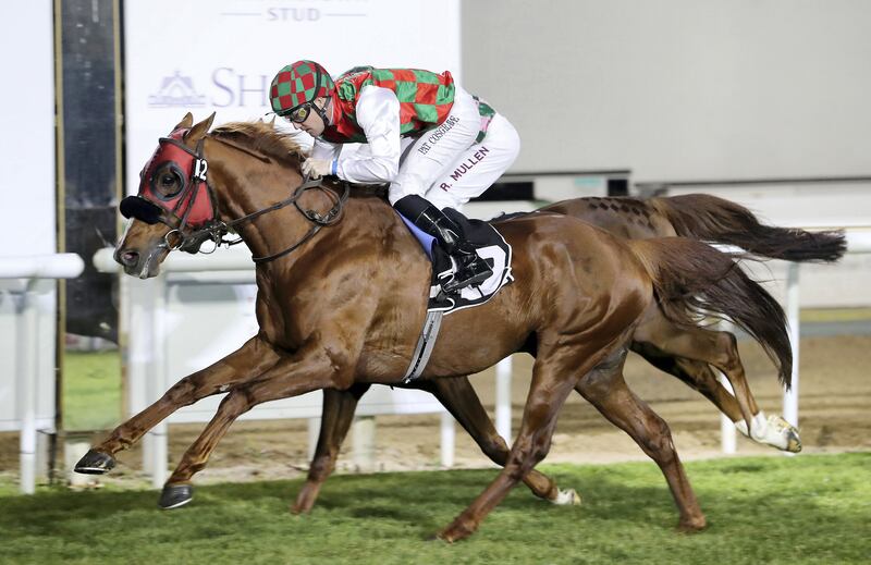 ABU DHABI, UNITED ARAB EMIRATES , March 14  – 2020 :- Patrick Cosgrave  (no 12) guides SOMOUD (FR) to win the 4th horse race Emirates Championship, 2200M at the Abu Dhabi Equestrian Club in Abu Dhabi. (Pawan Singh / The National) For Sports. Story by Amith