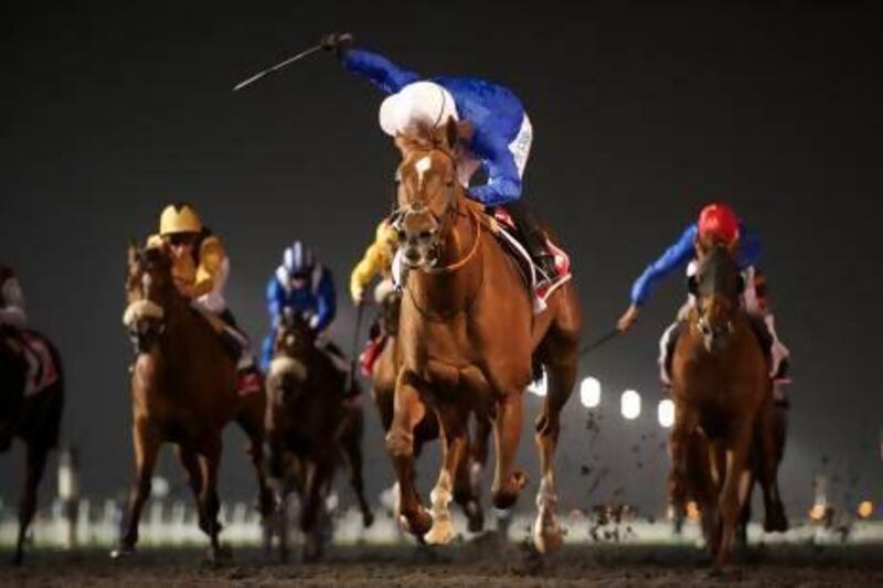 Hunter’s Light, centre, looked formidable in the Group 1 Al Maktoum Challenge Round 3 at Meydan Racecourse on Saturday.