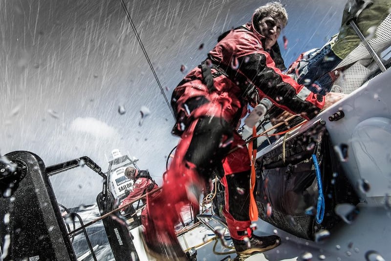Rolling over waves at 25 knots, water crashing over the deck, this moment captured on Team Vestas Wind during a run in the Bay of Biscay shows how hectic life aboard a Volvo Ocean 65 can be at times. Brian Carlin / Team Vestas Wind