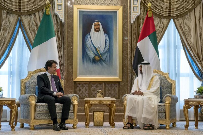 ABU DHABI, UNITED ARAB EMIRATES - November 15, 2018: HH Sheikh Mohamed bin Zayed Al Nahyan Crown Prince of Abu Dhabi Deputy Supreme Commander of the UAE Armed Forces (R), meets with HE Giuseppe Conte, Prime Minister of Italy (L), at the Presidential Palace.

( Hamad Al Kaabi / Ministry of Presidential Affairs )?
---