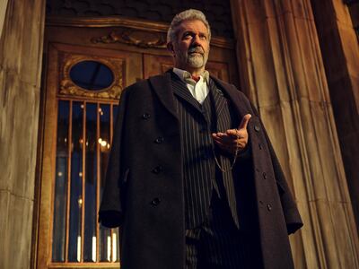 Mel Gibson as the ruthless criminal Cormac who manages The Continental Hotel in New York City in the miniseries. Photo: Amazon Prime