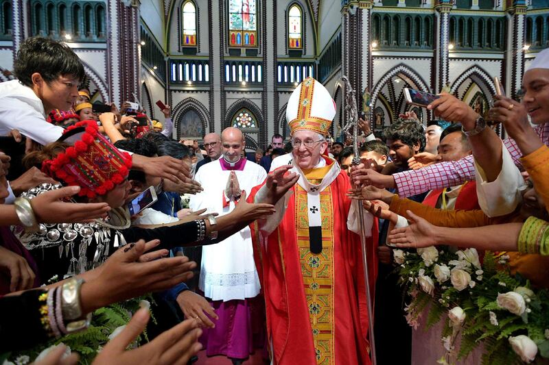 Pope Francis arrives to leads a Mass at St Mary's Cathedral in Yangon, Myanmar November 30, 2017.  Osservatore Romano/Handout via Reuters ATTENTION EDITORS - THIS IMAGE WAS PROVIDED BY A THIRD PARTY. EDITORIAL USE ONLY. NO RESALES. NO ARCHIVE.