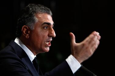 Former Iranian crown prince Reza Pahlavi speaks during an address at the National Press Club in Washington, DC. Pahlavi, commenting on recent developments in Iran, called for a secular, parliamentary, and democratic political system in Iran. AFP
