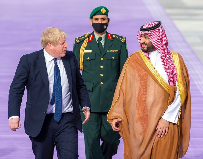 Prince Mohammed receives Mr Johnson. The two leaders discussed Ukraine and other issues during their meeting.