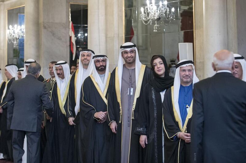 From right: Dr Anwar Gargash, Minister of State for Foreign Affairs, Reem Ibrahim Al Hashimi, Minister of State for International Cooperation, Dr Sultan Al Jaber, Minister of State, Chairman of Masdar and Chief Executive of Adnoc Group, Mohamed Ahmad Al Bowardi, Minister of State for Defence Affairs, Khaldoon Khalifa Al Mubarak, Chief Executive and Managing Director, Mubadala, and Chairman of the Abu Dhabi Executive Affairs Authority, Mohamed Al Murr, former Speaker of the Federal National Council, and other dignitaries attend a dinner reception at Rashtrapati Bhavan. Mohamed Al Hammadi / Crown Prince Court - Abu Dhabi